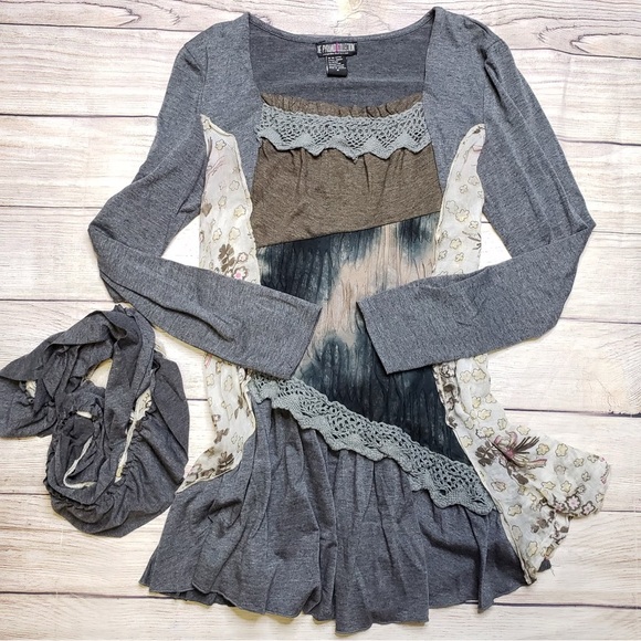 The Pyramid Collection Dresses & Skirts - Steampunk Concert Festival Long Sleeve 80% Cotton Knit Dress Mix Media Tunic